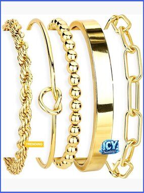 14K Gold Plated Stainless Steel Chunky Cuff Bracelet Stack Set, Non Tarnish